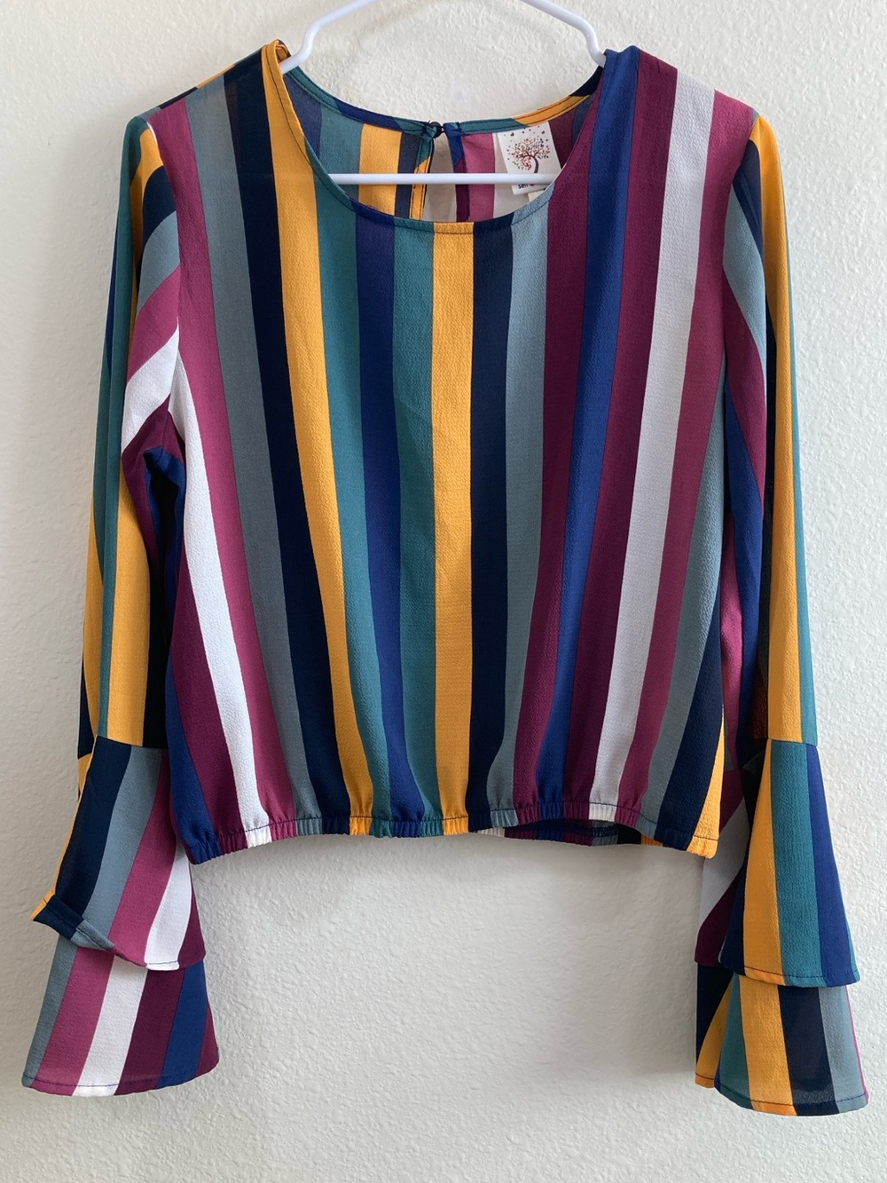 Self Esteem Multicolor Striped Blouson Blouse Size L Bell Ruffle Sleeves